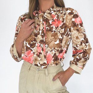 70s Neutral Floral Bow Blouse